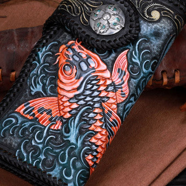 Handmade leather black carp floral biker trucker flowers wallet leather chain men Black Tooled wallet