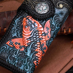 Handmade leather black carp floral biker trucker flowers wallet leather chain men Black Tooled wallet