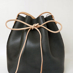 Handmade Womens Black Leather Shoulder Bucket Bags Barrel Purse for Women