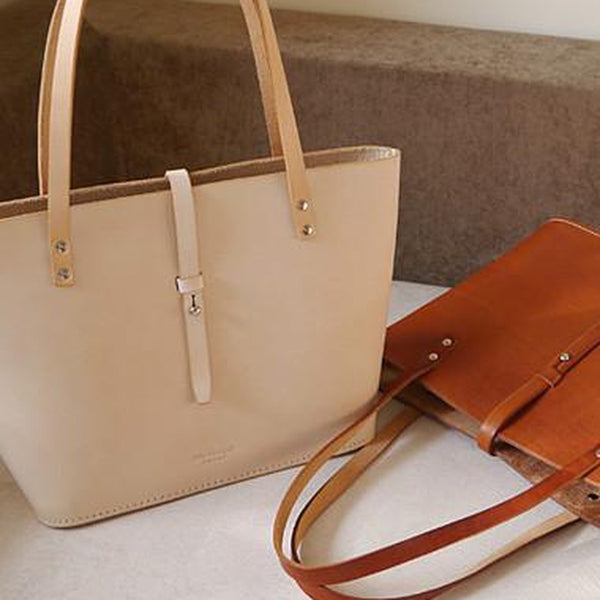 Handmade vintage beige leather normal size tote bag shoulder bag handbag for women