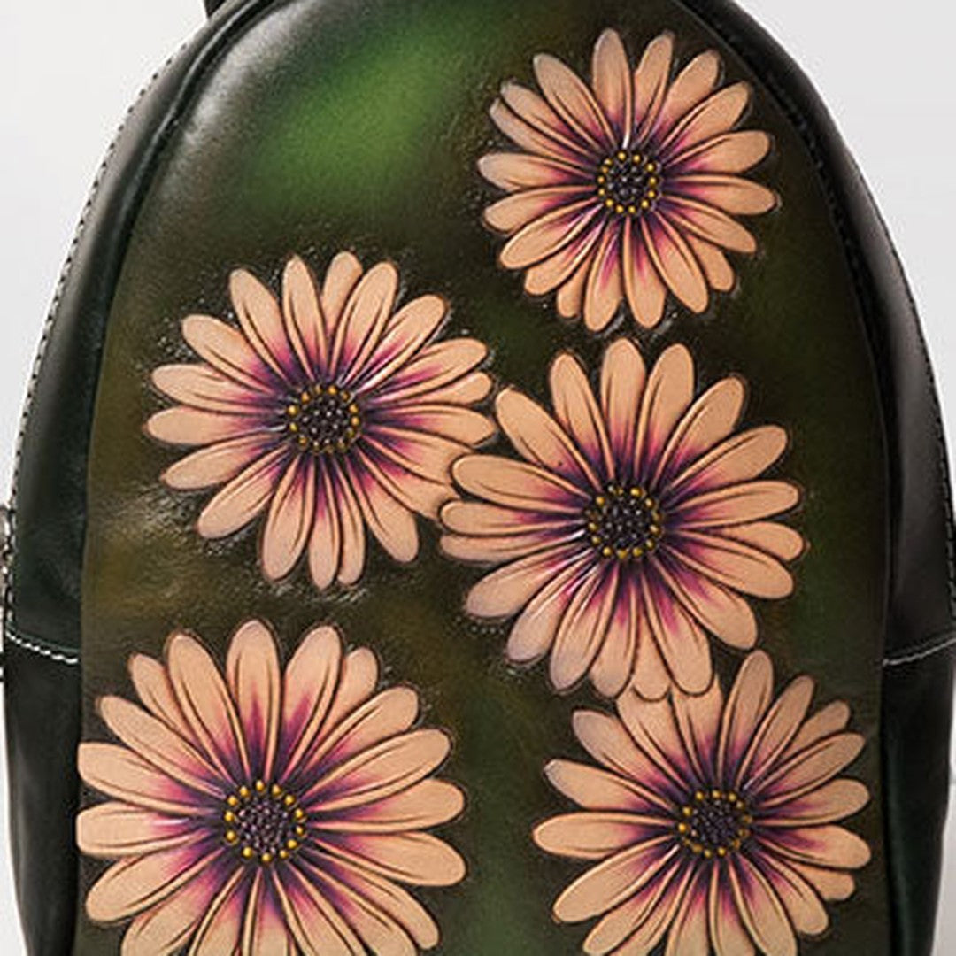 Handmade Leather green floral backpack bag purse shoulder bag phone satchel bag