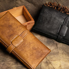 Handmade Long Leather Wallet Trifold Vintage Brown Wallet For Men Women