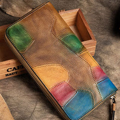 Handmade Long Leather Wallet Stitching Contrast Color Vintage Wallet Zipper Clucth Purse For Men Women