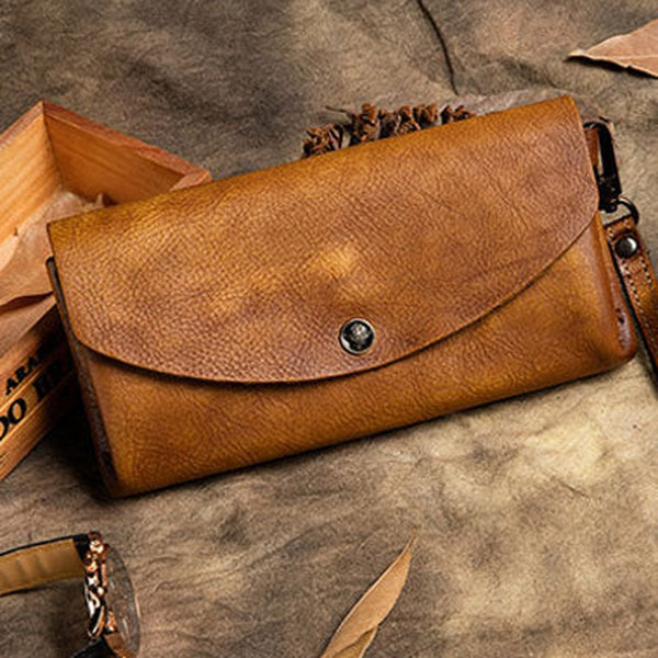 Handmade Long Leather Wallet Vintage Wallet Botton Clucth Purse For Women
