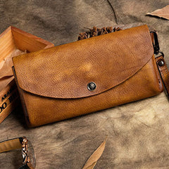 Handmade Long Leather Wallet Vintage Wallet Botton Clucth Purse For Women
