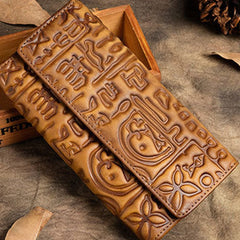 Handmade Long Leather Wallet Carved Vintage Wallet Botton Clucth Purse For Men Women