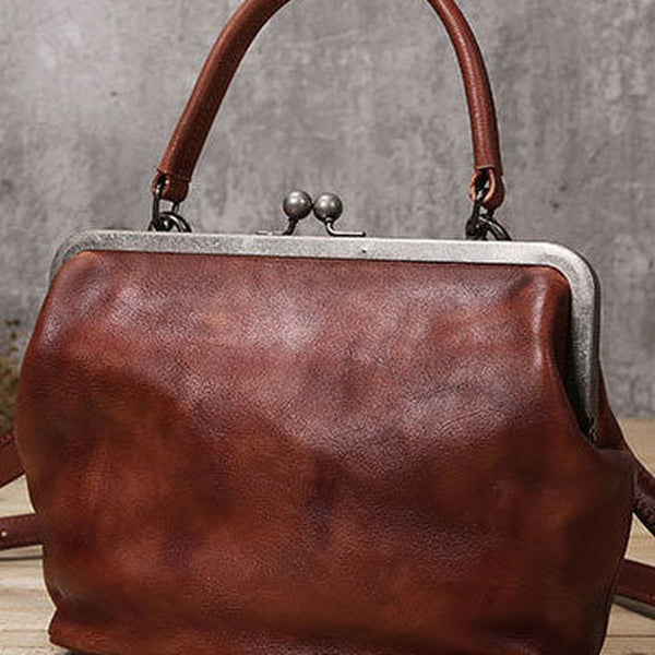 Handmade Genuine Bag Vintage Frame Leather Handbag Shoulder Bag Crossbody Bag Women Leather Purse