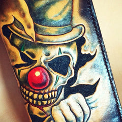 Handmade leather tooled carved wallet long wallet clown skull men biker long wallet