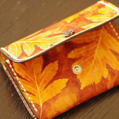 Handcraft leather yellow terracotta maple leaf coin change wallet case pouch for women