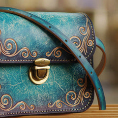 Handmade leather shoulder bag crossbody bag purse vintage carved green for her