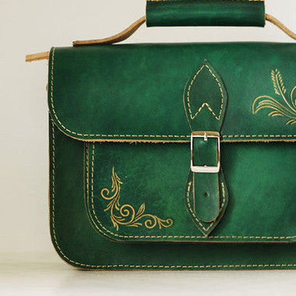 Handcraft vintage floral leather Carved Satchel shoulder bag purse for women girl