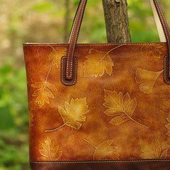 Handmade leather tote bag vintage leaves Tan blue shoulder bag large retro for her