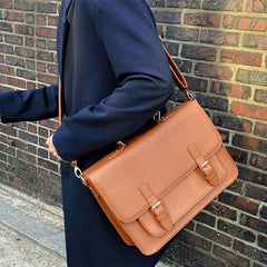 Tan Vintage Leather Satchel Crossbody Bag Worn by Woman - EverHandmade