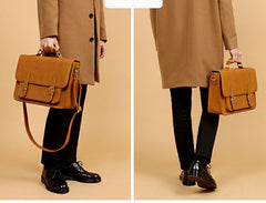 Vintage Tan Satchel Messenger Bag Worn by Man - EverHandmade