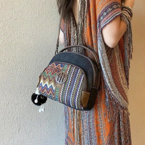 Embroidery Canvas Small Boho Crossbody Bag Boho Canvas Small Round Handbag Shoulder Bag - Feltify