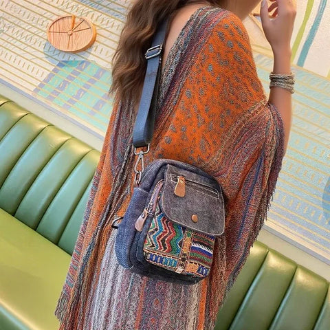 Boho Canvas Sling Bag Crossbody Bag Crossbody Backpack Canvas Boho Embroidery Shoulder Bag - Feltify