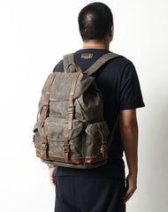 Army Green Waxed Canvas Backpack Waxed Cotton Backpack Large Canvas And Leather Backpack - 
