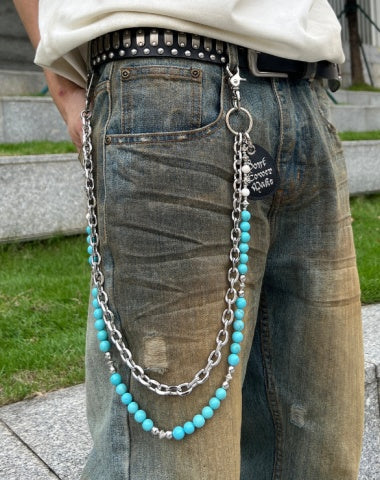 Cyan Blue Ball Wallet Chain Double Wallet Chain Beaded Pants Chain Double Pants Chain