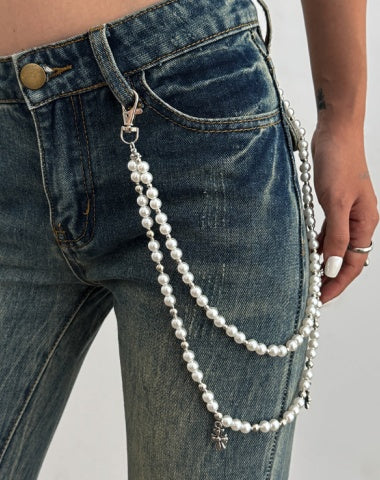 Pearl Wallet Chain White Beaded Wallet Chain for Women Womens Double Wallet Chain