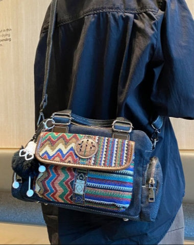 Black Gray Boho Handbag Women Canvas Crossbody Bag Canvas Embroidery Shoulder Bag