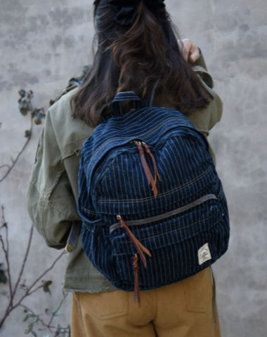Striped Jean Backpack Mens Striped Backpack Large Blue Denim Backpack for Women