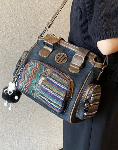 Women Black Gray Canvas Boho Shoulder Boston Bag Embroidery Canvas Handbag Black Gray Canvas Boston Handbag