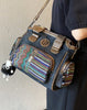 Women Black Gray Canvas Boho Shoulder Boston Bag Embroidery Canvas Handbag Black Gray Canvas Boston Handbag