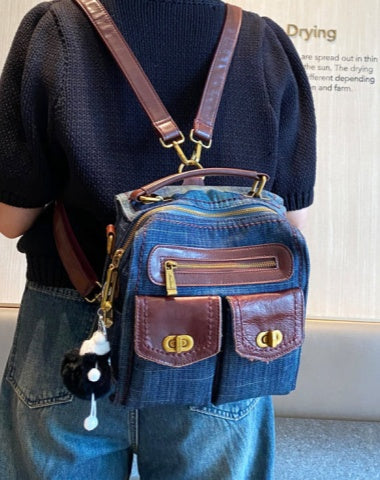 Convertible Denim Mini Backpack Bag Crossbody Bag Women Blue Convertible Denim Handbag Shoulder Bag