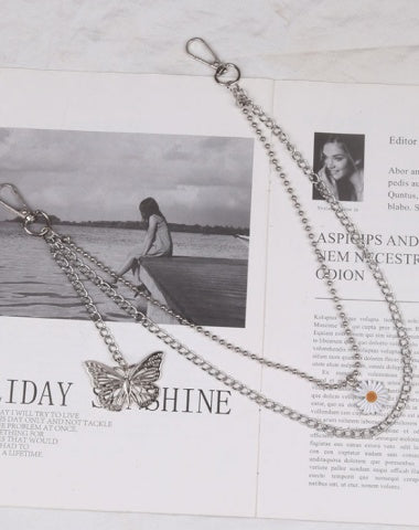 Cute Womens Jeans Chain Silver Double Layers With Butterfly Charm Pants Chain For Women