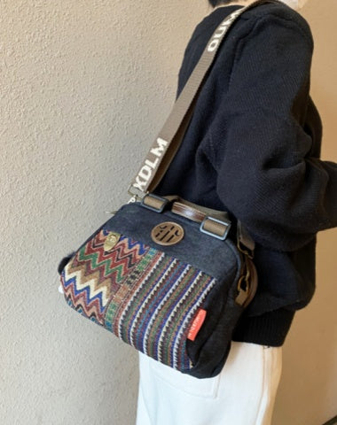 Women Canvas Embroidery Boho Shoulder Bag Handbag Black Gray Canvas Boho Crossbody Bag