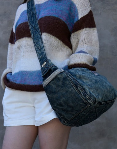 Vintage Womens Large Jeans Shoulder Bag Blue Denim Messnger Bag Denim Crossbody Bag for Men