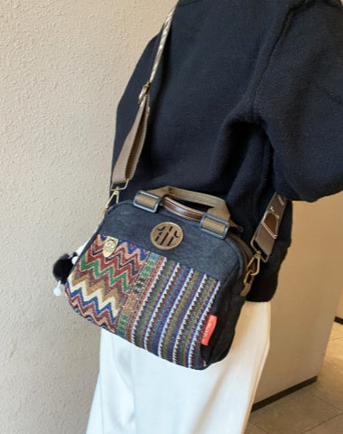 Women Canvas Embroidery Boho Crossbody Bag Handbag Black Gray Canvas Shoulder Bag
