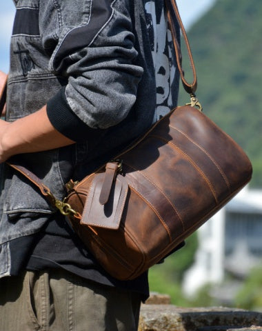 Dark Brown Leather Barrel Crossbody Bag Messenger Bag Mens Barrel Leather Bag Small Barrel Shoulder Bag
