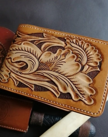 Tooled Leather Wallet Card Wallet with ID Window Floral Leather Wallet ID Holder Wallet Mens Wallet with ID Window Floral Wallet