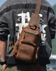 Dark Brown Leather Sling Backpack for Men Sling Leather Backpack