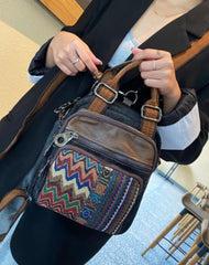 Women Canvas Convertible Backpack Boho Shoulder Bag Embroidery Canvas Bag Black Gray Canvas HandBags Canvas Handbag