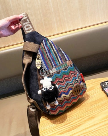 Womens Boho Sling Bag Canvas Crossbody Backpack Canvas Embroidery Sling Backpack