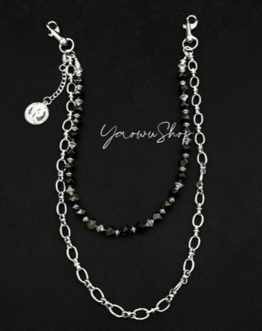 Beaded Wallet Chain Womens Black Stone Wallet Chain Double Wallet Chain