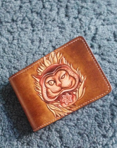 Weird Cat Wallet ID Holder Wallet Mens Wallet with ID Window Weird Cat Wallet Tooled Leather Wallet Card Wallet with ID Window