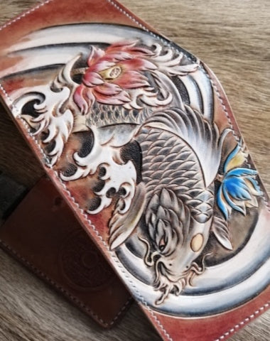 Carp Tooled Leather Wallet Card Wallet with ID Window Koi ID Holder Wallet for Men