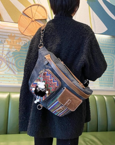 Boho Large Canvas Sling Bag Crossbody Backpack Women Canvas Boho Embroidery Waist Bag