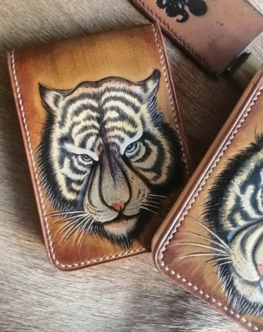 Tiger Tooled Leather Wallet Card Wallet with ID Window Tiger ID Holder Wallet Mens Wallet with ID Window