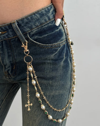 Pearl Wallet Chain Gold Wallet Chain for Women Double Wallet Chain with Cross