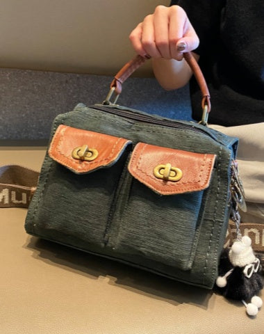 Dark Green Canvas Convertible Backpack Shoulder Bag Women Canvas Convertible Handbag Crossbody Bag With outside Pockets