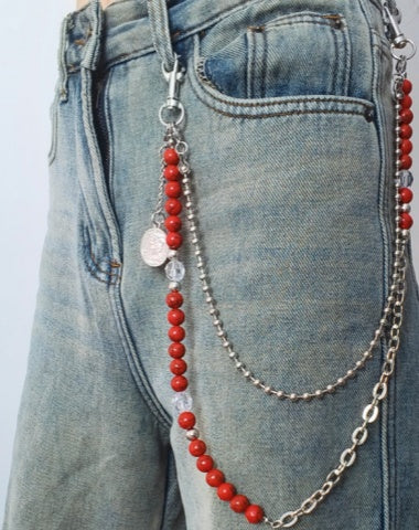Beaded Wallet Chain Red Turquoise Stone Ball Wallet Chain Double Wallet Chain