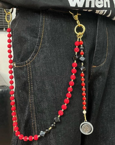 Red Lavastone Beaded Wallet Chain Long Bead Wallet Chain for Women