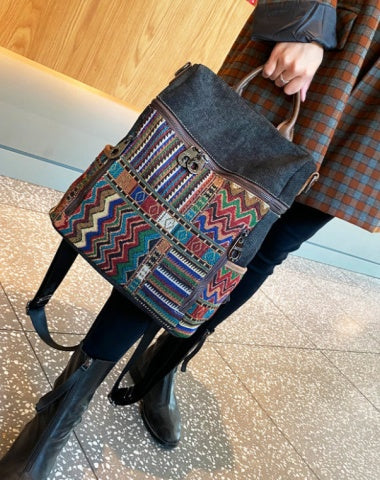 Black Gray Embroidery Canvas Backpack Women Boho Crossbody Bag Vintage Convertible Large Boho Style Backpack