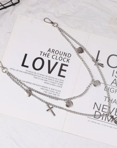 Womens Jeans Chains Silver Double Layers With Heart&Cross Charms Cute Pants Chain For Women