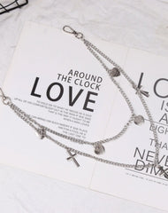Womens Jeans Chains Silver Double Layers With Heart&Cross Charms Cute Pants Chain For Women