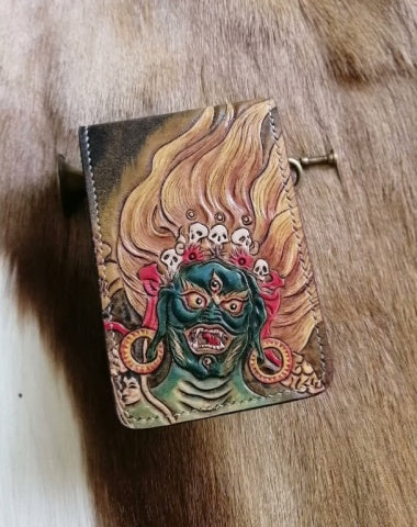 Mahakala Wallet Tooled Leather Wallet Card Wallet with ID Window Mahakala Deity Wallet ID Holder Wallet Mens Wallet with ID Window